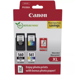 Canon PG560XL Preto + CL561XL Cor Pack de 2 cartuchos de tinta originais - 50 folhas de papel Photográfico - 3712C008/3712C004