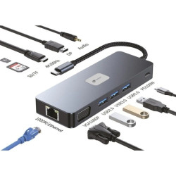 Leotec 11 em 1 Plus USB-C para 1xDisplayPort, 1xHDMI, 1xVGA, 1xRJ45, 3xUSB-A 3.2, 1xUSB-C PD, 1xTF+1xSD, 1x Audio - Cor Cinza