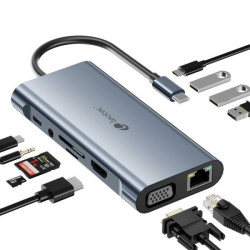Leotec 11 em 1 USB-C para 1xHDMI, 1xVGA, 1xRJ45, 3xUSB-A 3.0, 1xUSB-C PD, 1xUSB-C, 1xTF+1xSD, 1x Audio - Cor Cinza