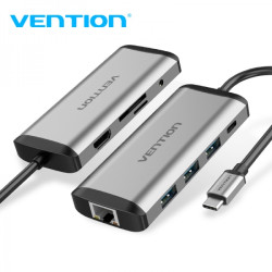 Vention Docking Station 9 en 1 USB-C a HDMI 4K/3xUSB 3.0/RJ45/Lector SD/MicroSD/Jack Audio/PD 87W - 0.15m - Cor Cinza