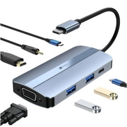 Leotec 7 em 1 USB-C para 1xHDMI, 1xVGA, 1xUSB-A 3.0, 1xUSB-A 2.0, 1xUSB-C, 1x USB-C PD, 1xAudio - Cor Cinza