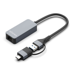 Conversor Aisens USB3.2 Gen1 USB-A+USB-C para Ethernet 2.5G 10/100/1000/2500 Mbps - 15cm - Cor Cinza