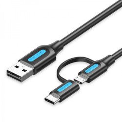 Cabo Vention USB 2.0 Macho a MicroUSB+USB-C Macho - 3A - 60W - 480Mbps - 1m - Cor Preto