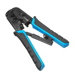 Ferramenta de cravação metálica WP para RJ11/RJ12/RJ45 com roquete - Função de descarnar fios - Preto e azul